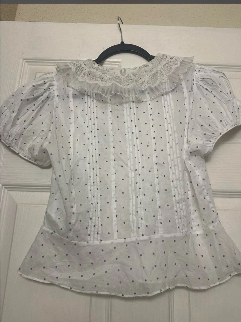 Doen Ivory Swiss Dot Lace-Collar Peplum Blouse